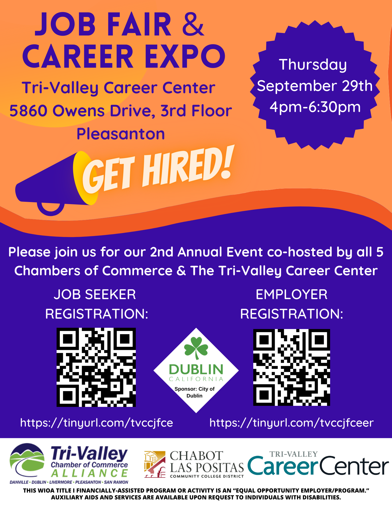 Job Fair and Career Expo at Tri-Valley Career Center in Pleasanton, September 29, 4:00-6:30 p.m.