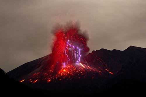 Volcano exploding with lightening 