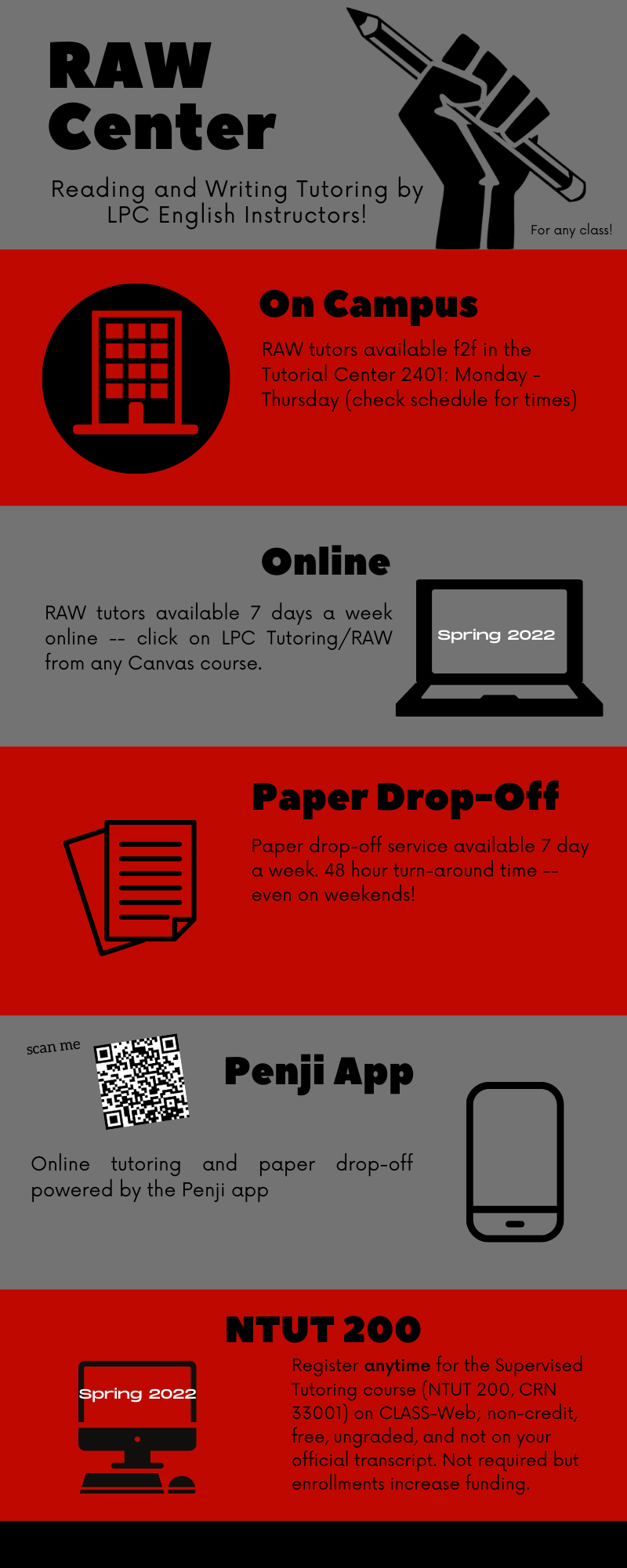 Reading and Writing Tutoring by LPC English Instructors! On campus. Online. Paper Drop-Off. Penji App. NTUT 200.