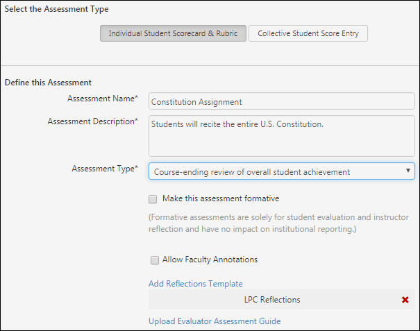 Add an assessment name, description, then choose an assessment type. 