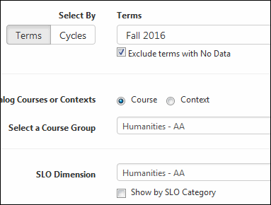 Choose the terms you want to include. Select the course group for your degree/certificate. For SLO Dimension, select your degree/certificate.
