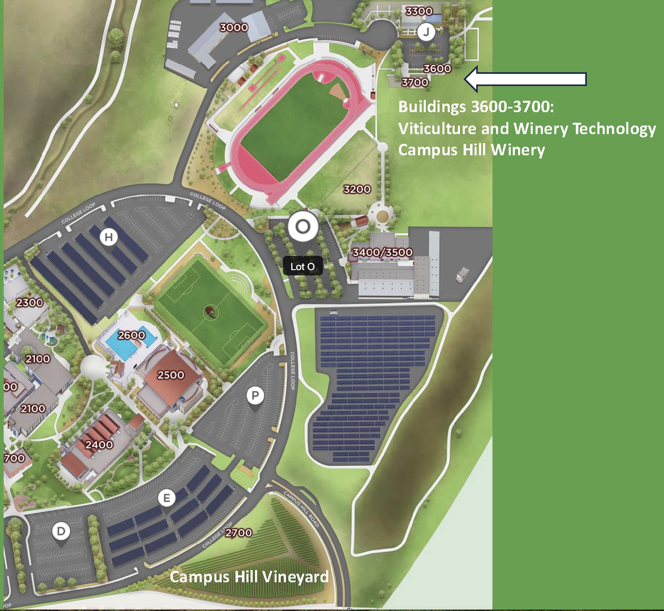 The Viticulture and Winery Technology program and Campus Hill Winery is located at Buildings 3600-3700 on the Las Positas College campus