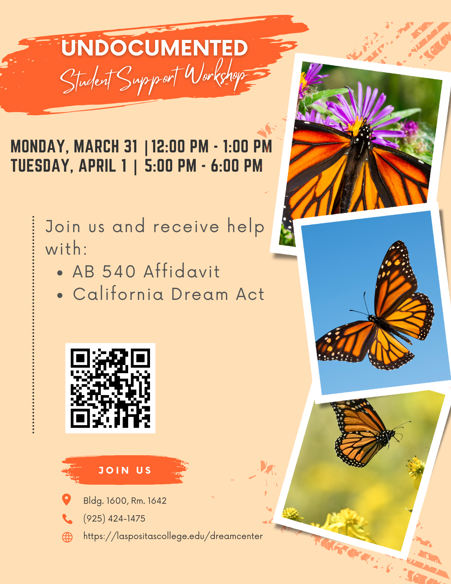 Flyer for Spring 2025 AB 540 and CADAA Workshops