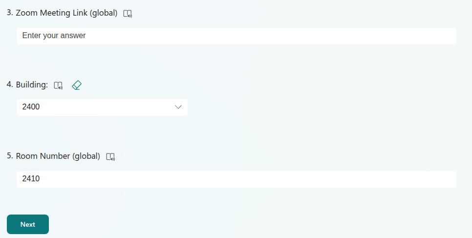 Zoom link field and building selection.