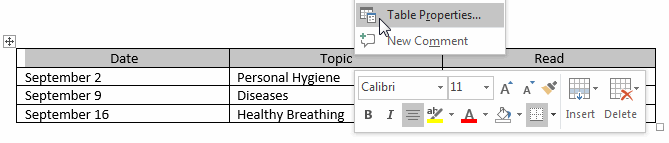 Right-click, choose Table Properties