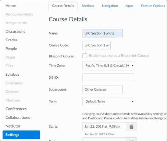 Course Details page on Canvas with box to change course name