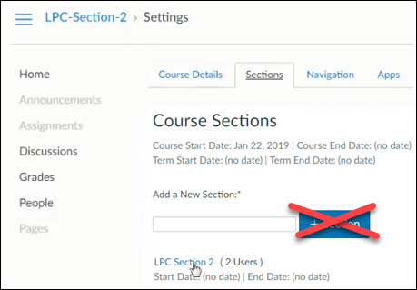 X crossing out the add section button; arrow pointing to hyperlinked section