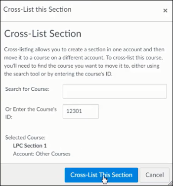 Arrow pointing to Cross-List This Section button