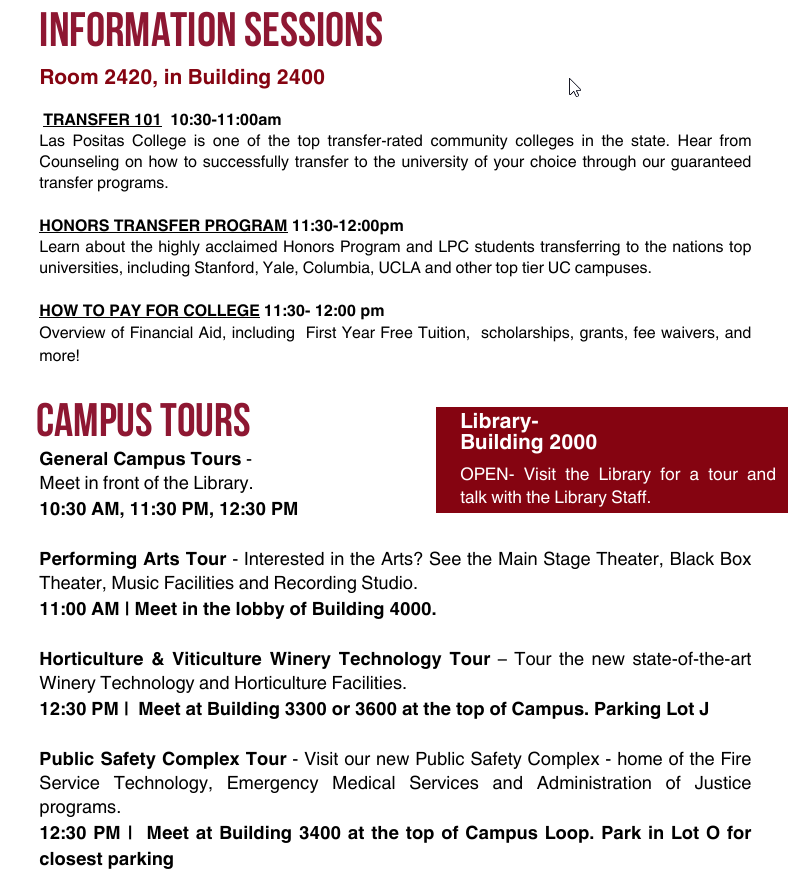 Schedule for LPC Open House