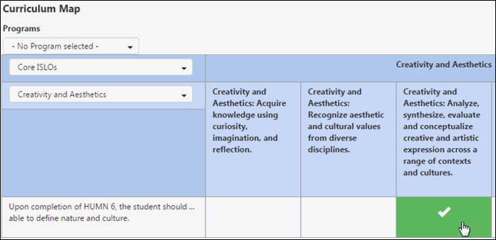 Clicking a box for an SLO will map it to the corresponding ISLO and one of its categories.