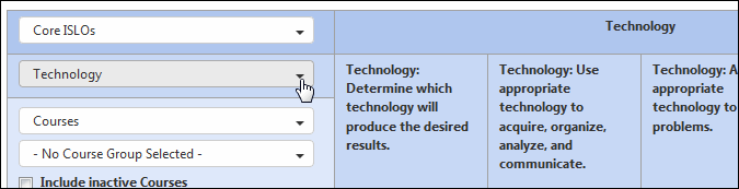 You can also just show one institutional outcome at a time by clicking the drop-down for All Categories and choosing one of the five ISLOs. 