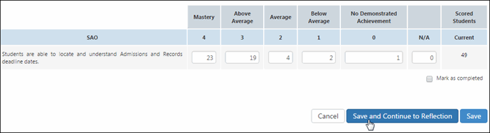 Input your collective scores into the appropriate boxes, then click Save and Continue to Reflection.