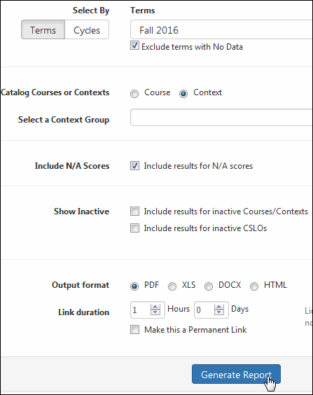 Choose the terms you want to include. Click Context. The default report format is PDF. Click Generate Report.