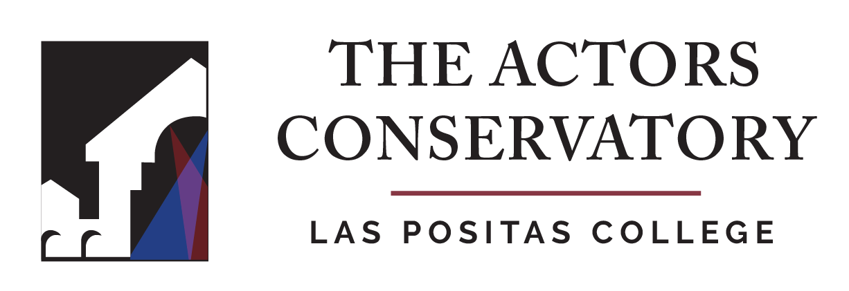 Actors Coservatory at Las Positas College logo with small black stage and red and blue lights