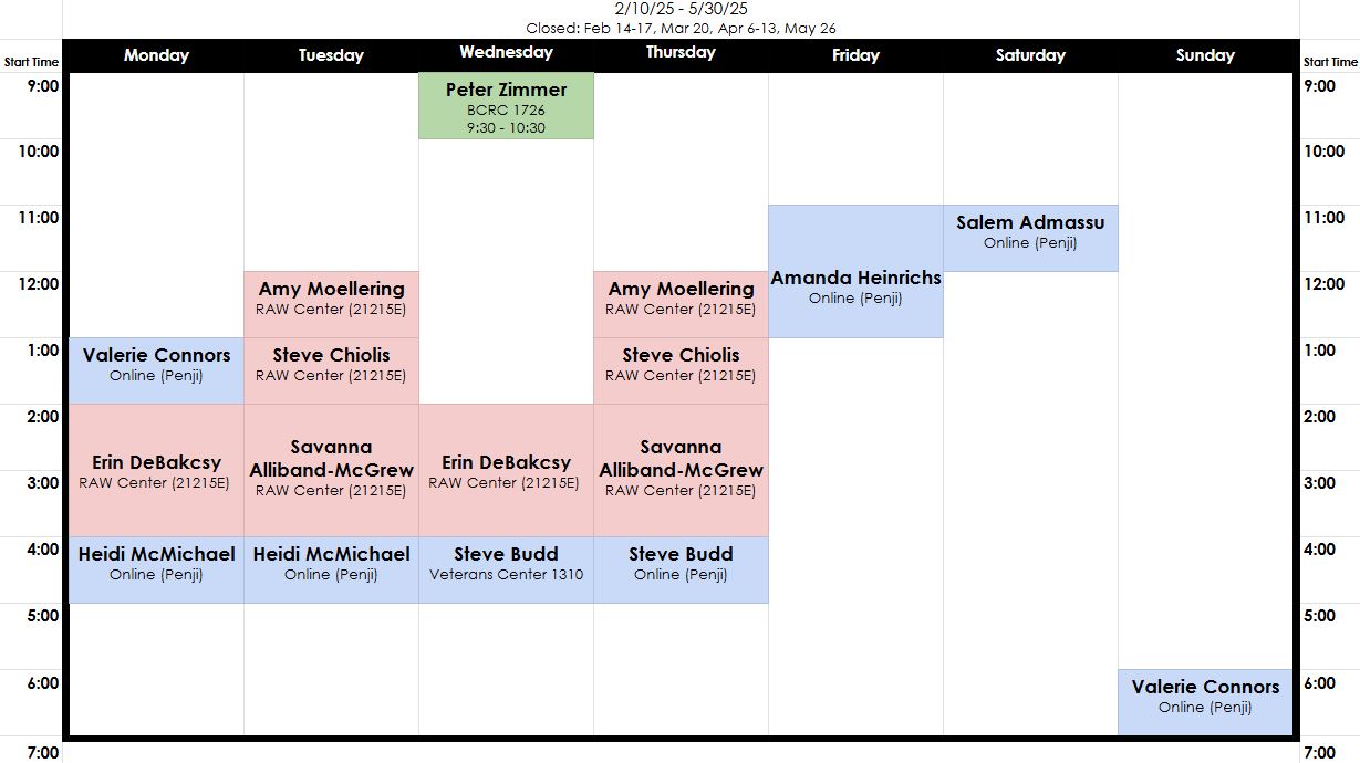 Reading and writing tutor schedule